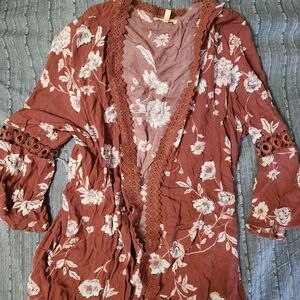 Maurices Rust Floral Lace-Trim Open Cardigan